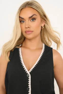 Yours Curve Black Blanket Stitch Linen Vest Top