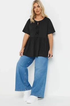 Yours Curve Black Bow Tie Front Peplum Top