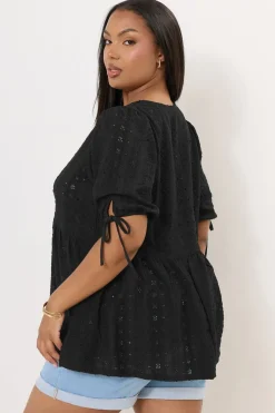Yours Curve Black Broderie Anglaise Bow Tie Front Peplum Top