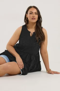 Yours Curve Black Broderie Anglaise Tiered Vest Top