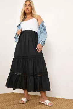 Yours Curve Black Cotton Tiered Maxi Skirt
