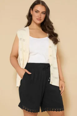 Yours Curve Black Crochet Trim Crinkle Shorts