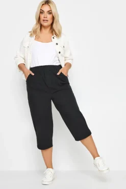 Yours Curve Black Elasticated Cool Cotton Cropped Trousers