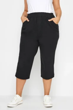Yours Curve Black Elasticated Cool Cotton Cropped Trousers