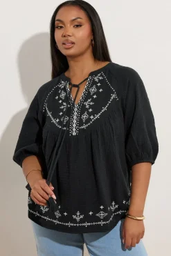 Yours Curve Black Embroidered Tie Front Blouse