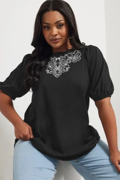 Yours Curve Black Floral Embroidered Top