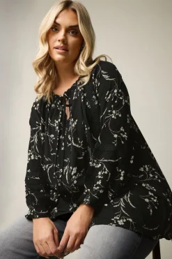 Yours Curve Black Floral Tie Neck Pintuck Top
