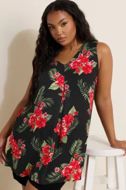 Yours Curve Black Floral Print Pleat Front Vest Top