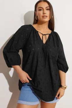 Yours Curve Black Floral Broderie Anglaise Tie Front Top