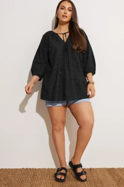 Yours Curve Black Floral Broderie Anglaise Tie Front Top