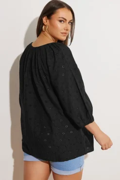 Yours Curve Black Floral Broderie Anglaise Tie Front Top