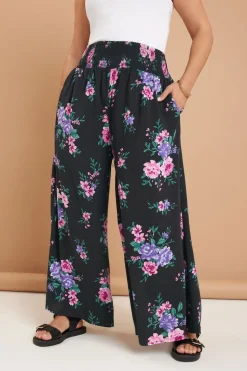 Yours Curve Black Floral Print Shirred Wide Leg Trousers