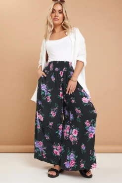 Yours Curve Black Floral Print Shirred Wide Leg Trousers