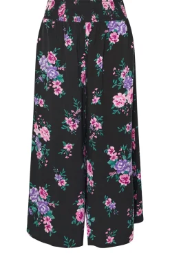 Yours Curve Black Floral Print Shirred Wide Leg Trousers
