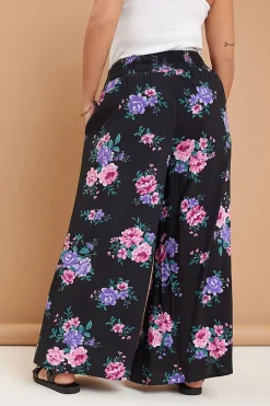 Yours Curve Black Floral Print Shirred Wide Leg Trousers