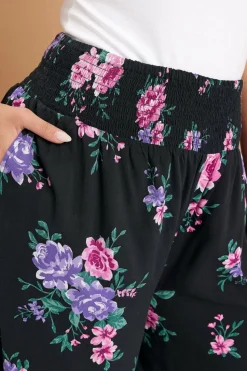 Yours Curve Black Floral Print Shirred Wide Leg Trousers