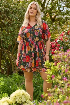 Yours Curve Black Floral Tie Neck Ruffle Mini Dress