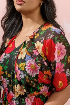 Yours Curve Black Floral Tie Neck Ruffle Mini Dress