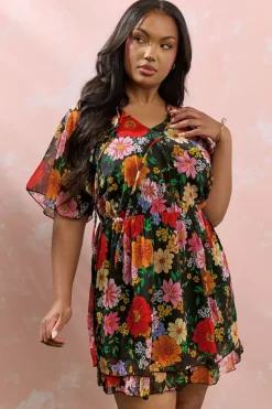 Yours Curve Black Floral Tie Neck Ruffle Mini Dress