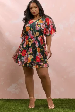 Yours Curve Black Floral Tie Neck Ruffle Mini Dress