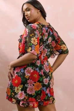 Yours Curve Black Floral Tie Neck Ruffle Mini Dress