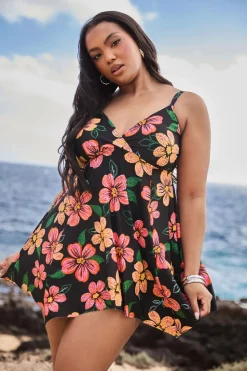 Yours Curve Black Floral Print Hanky Hem Swim Dress