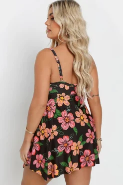 Yours Curve Black Floral Print Hanky Hem Swim Dress