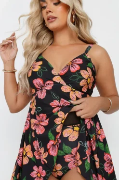 Yours Curve Black Floral Print Hanky Hem Swim Dress