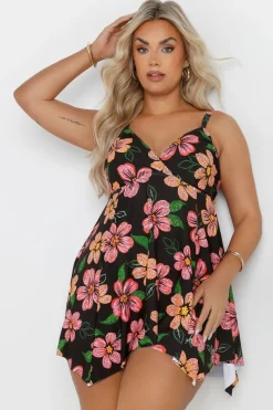 Yours Curve Black Floral Print Hanky Hem Swim Dress