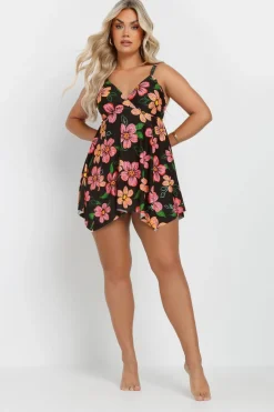 Yours Curve Black Floral Print Hanky Hem Swim Dress