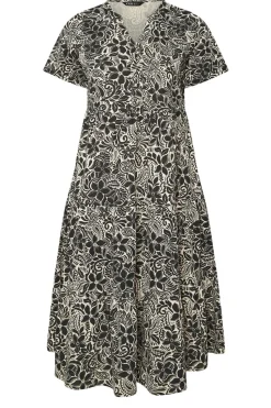 Yours Curve Black Floral Print Tiered Cotton Midaxi Dress