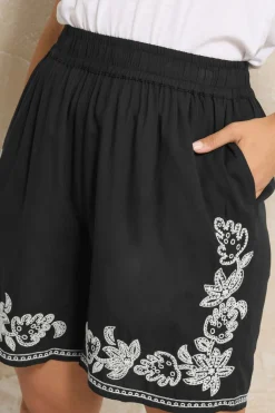 Yours Curve Black Floral Embroidered Shorts