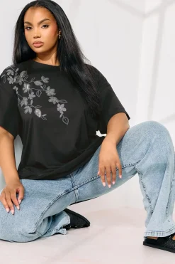 Yours Curve Black Floral Oversized Sequin Top