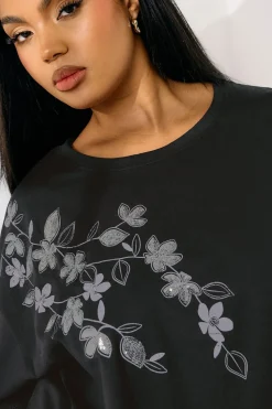 Yours Curve Black Floral Oversized Sequin Top