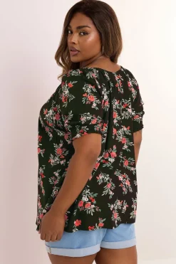 Yours Curve Black Floral Print Tie Front Top