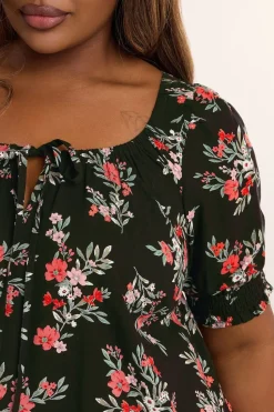 Yours Curve Black Floral Print Tie Front Top