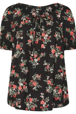 Yours Curve Black Floral Print Tie Front Top