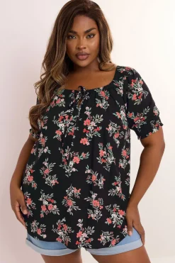 Yours Curve Black Floral Print Tie Front Top