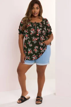 Yours Curve Black Floral Print Tie Front Top
