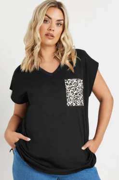 Yours Curve Black Leopard Print Pocket T Shirt