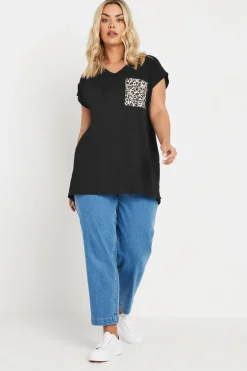 Yours Curve Black Leopard Print Pocket T Shirt
