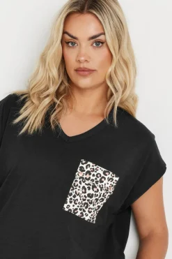 Yours Curve Black Leopard Print Pocket T Shirt