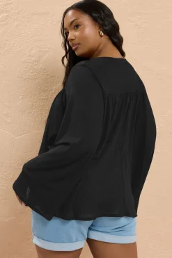 Yours Curve Black Lightweight Tie Front Top