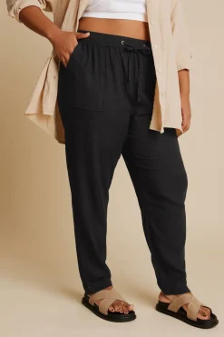 Yours Curve Black Linen Tie Front Joggers