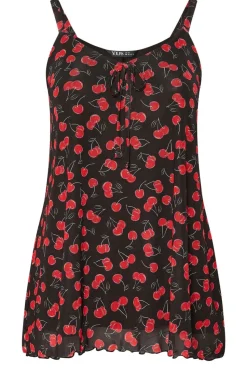 Yours Curve Black Mesh Cherry Graphic Tie Vest Top