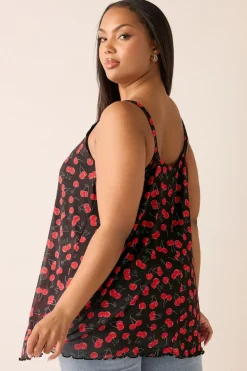 Yours Curve Black Mesh Cherry Graphic Tie Vest Top
