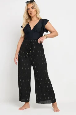 Yours Curve Black Metallic Dobby Beach Trousers