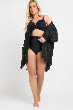 Yours Curve Black Metallic Dobby Crinkle Beach Shirt