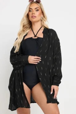 Yours Curve Black Metallic Dobby Crinkle Beach Shirt