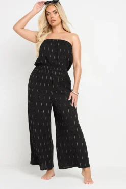 Yours Curve Black Metallic Bandeau Wide Leg Jumpsuit